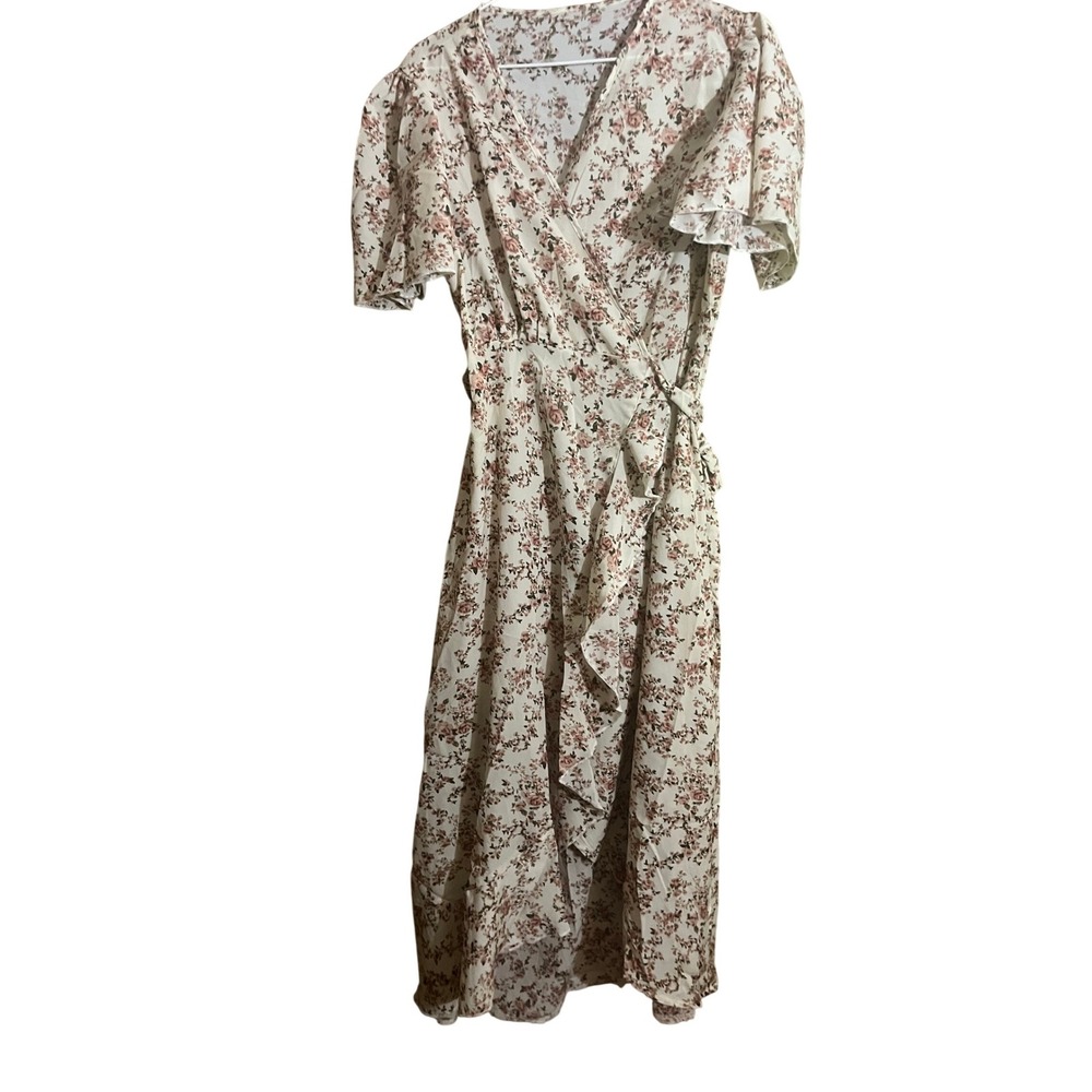 Floral Wrap Midi Dress Short Flutter Sleeve Ruffle High Low Hem Cream Pink Brown